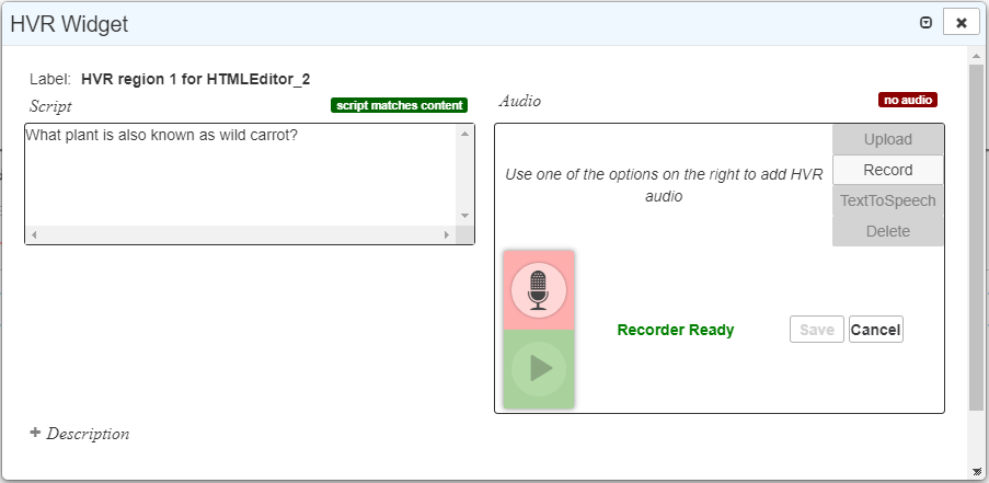 HVR Widget window with recording controls